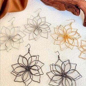 Set of 3 Silver, Gold, & Gunmetal Wire 3D Flower Earrings